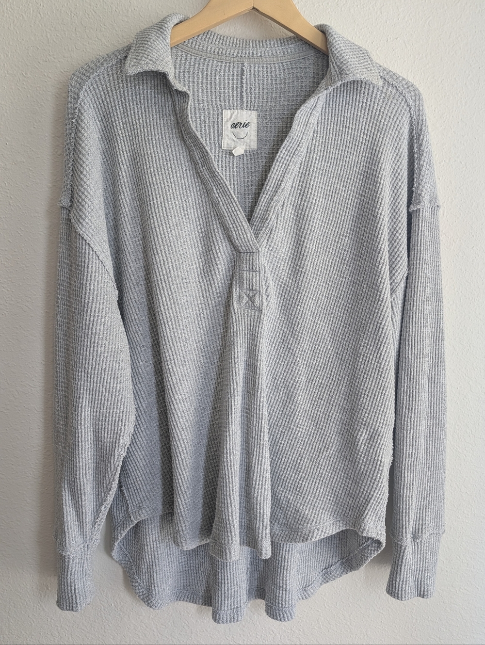 Aerie LumberJane Waffle Polo Shirt Size S Light Gray